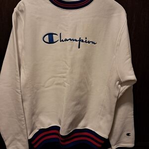 Champion White Sweatshirt with Blue and Red Accents